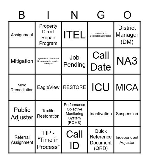 RESTORE BINGO Card