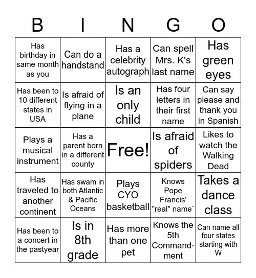 Welcome to Youth Group Bingo Card