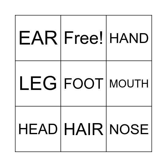 BODY PARTS Bingo Card