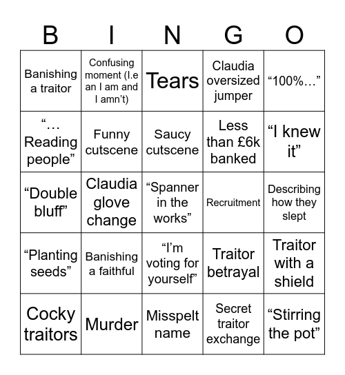 TRAITORS Bingo Card