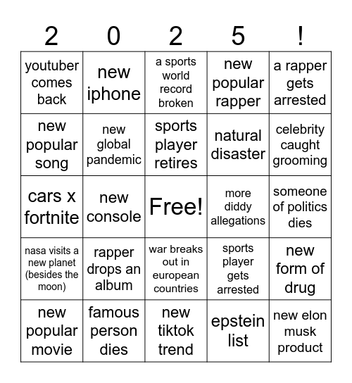 2025 Bingo Card Bingo Card