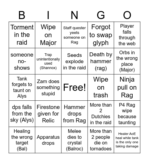 Pugsters Firelands Drinking Game Bingo Card