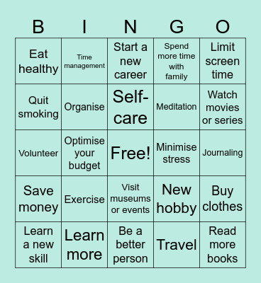 New Year Resolutions Bingo Card