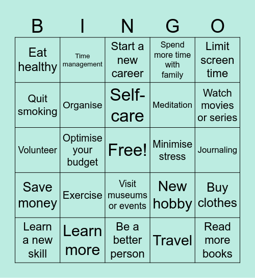 New Year Resolutions Bingo Card