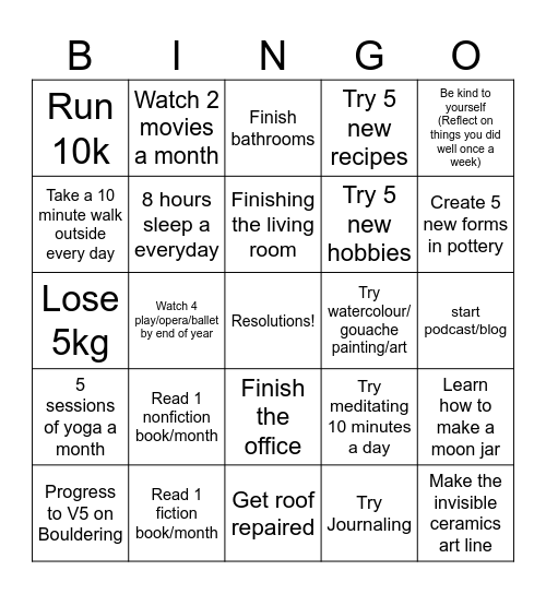 New Year's Resolution BINGO Card