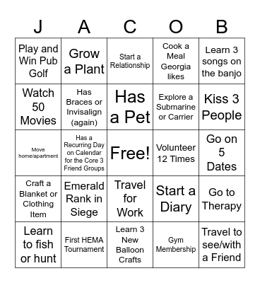Jacob’s 2025 Goals Bingo Card