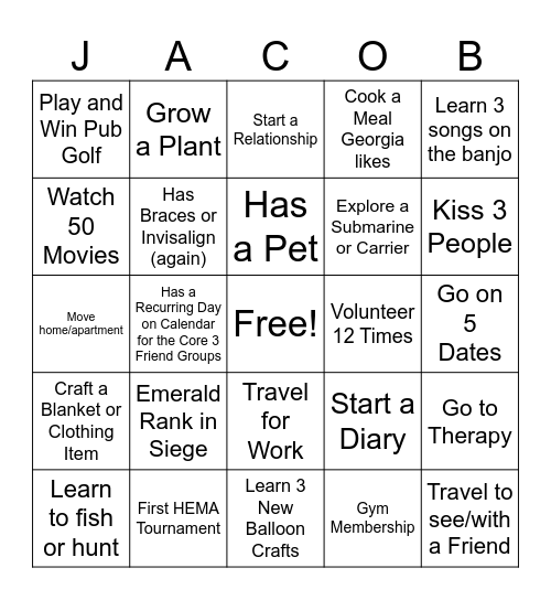 Jacob’s 2025 Goals Bingo Card