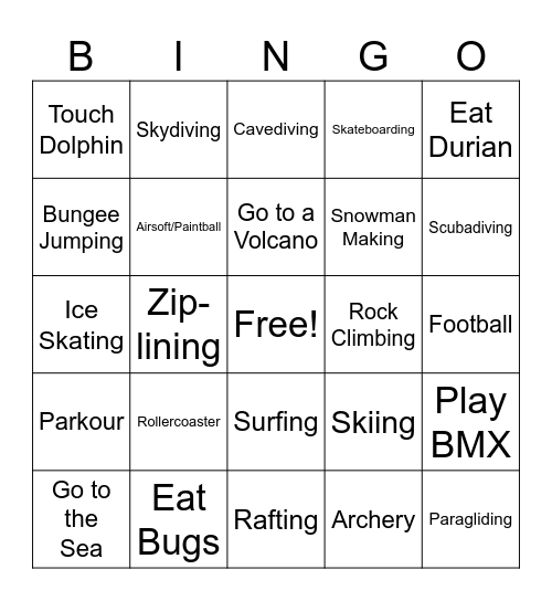 BINGO EXTREME ACTIVITY Bingo Card