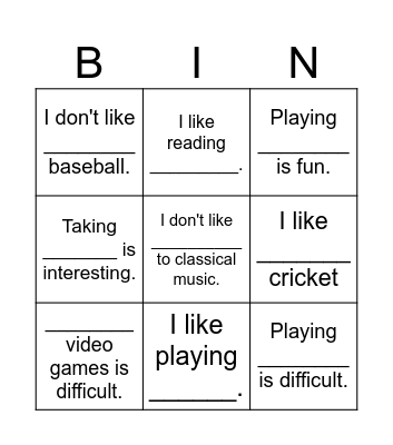 Activities Bingo Card