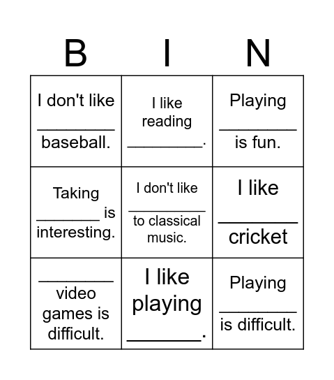 Activities Bingo Card