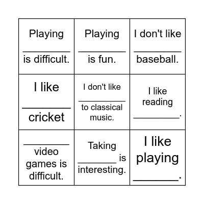 Activities Bingo Card