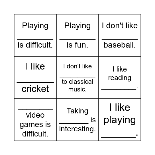 Activities Bingo Card