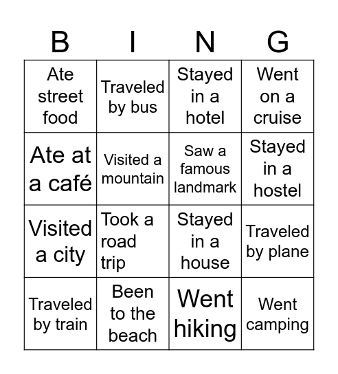 Travel: Have you ever ... ? Bingo Card