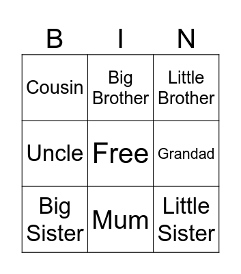 Family members Bingo Card
