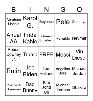 Famous People Bingo Card