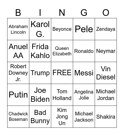 Famous People Bingo Card