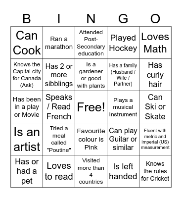 Getting to Know each other Bingo Card