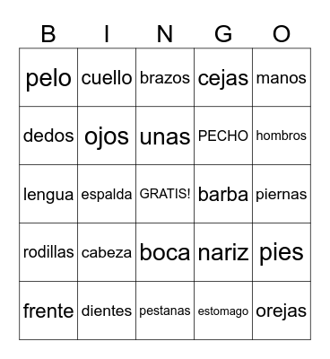 SPANISH BODY BINGO Card
