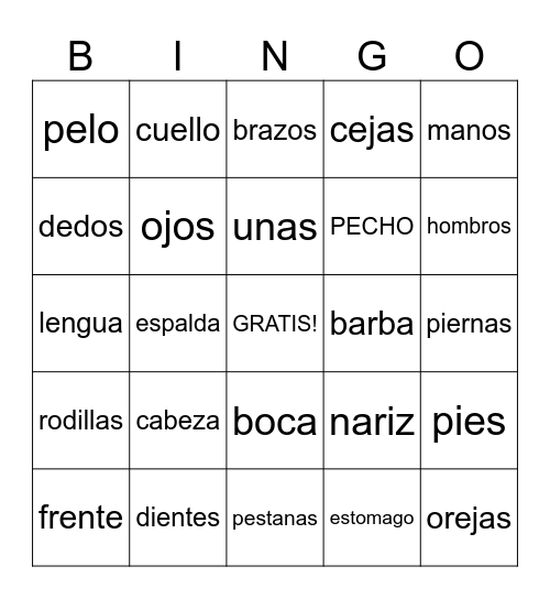 SPANISH BODY BINGO Card