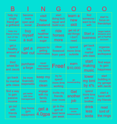 New Years Goals Bingo Card