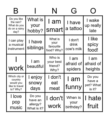 Getting to know each other Bingo Card