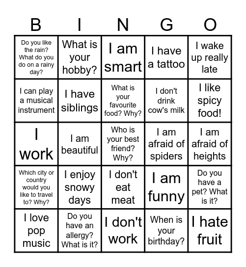 Getting to know each other Bingo Card