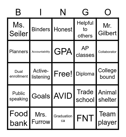 AVID Bingo Card