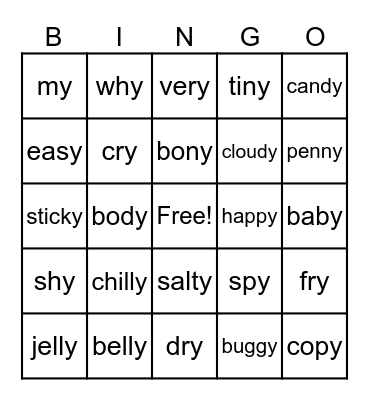 Y as a Vowel Bingo Card