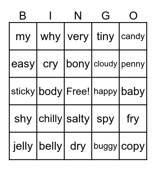 Y as a Vowel Bingo Card