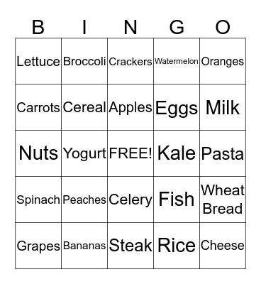 Food Group Bingo Card