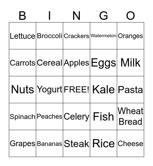 Food Group Bingo Card