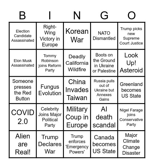 Dystopian 2025 Bingo Card