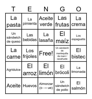 La Comida Bingo Card
