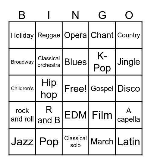 Musical Styles Bingo Card