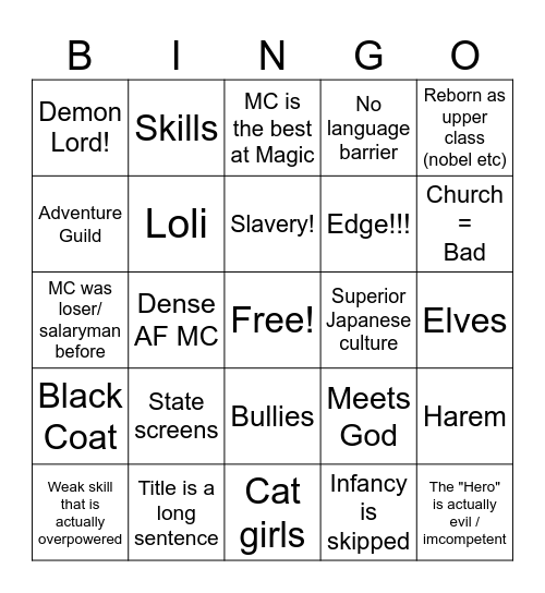 Trash Isekai Bingo Card