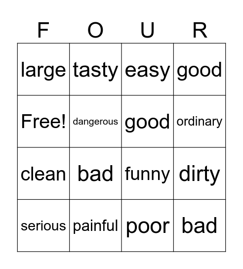 Extreme Words Bingo Card