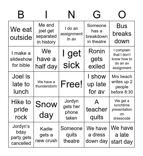 Before may Bingo Card