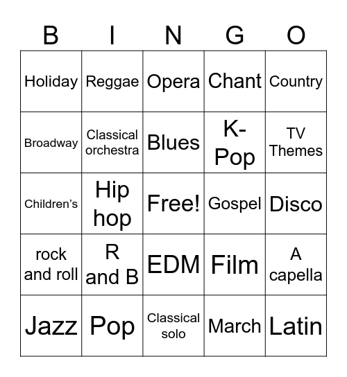 Musical Styles Bingo Card
