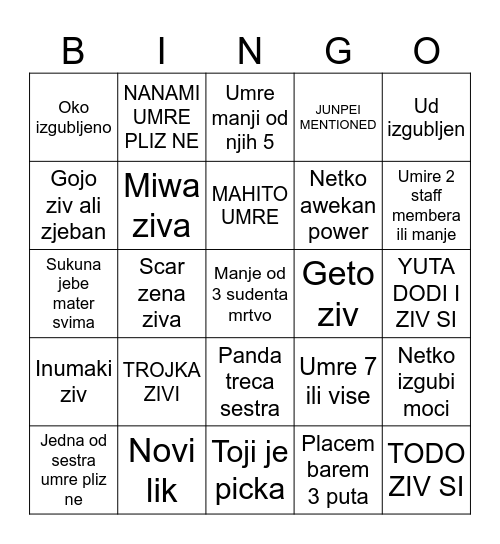 Predikcije za moje samoubojstvo Bingo Card
