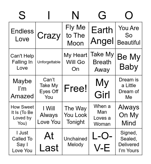 Classic Love Songs Bingo Card