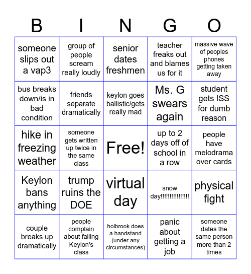 schoooooooooooooooool Bingo Card
