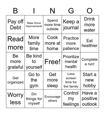 New Years Resolutions Bingo Card
