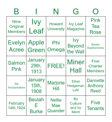 ALPHA KAPPA ALPHA SORORITY Phi Omega Bingo Card