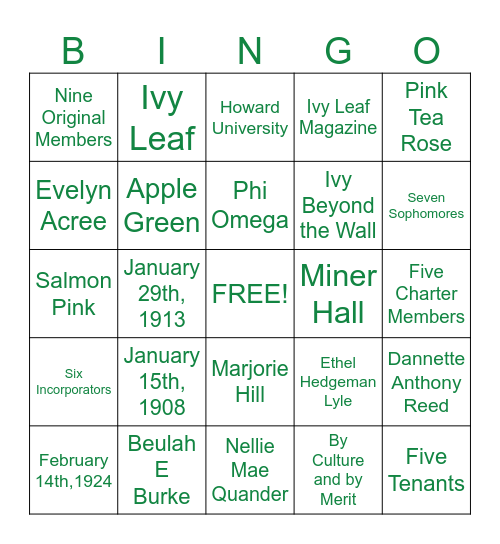 ALPHA KAPPA ALPHA SORORITY Phi Omega Bingo Card