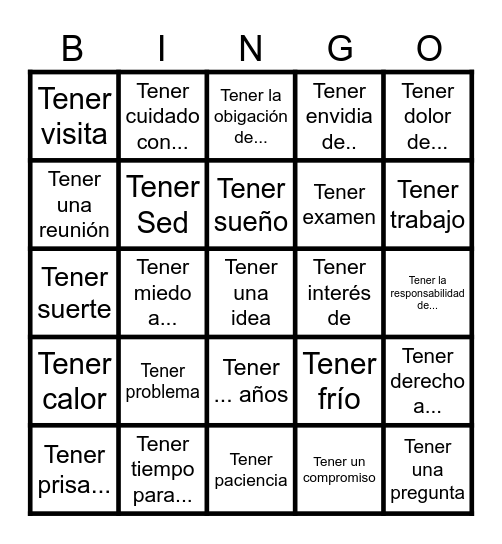 Tener - to have Bingo Card