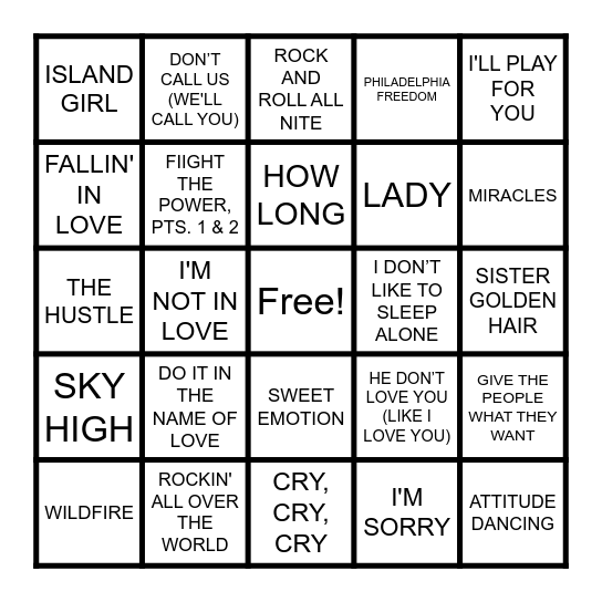 HITS 1975 Bingo Card