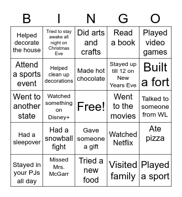 Back from Break BINGO Card