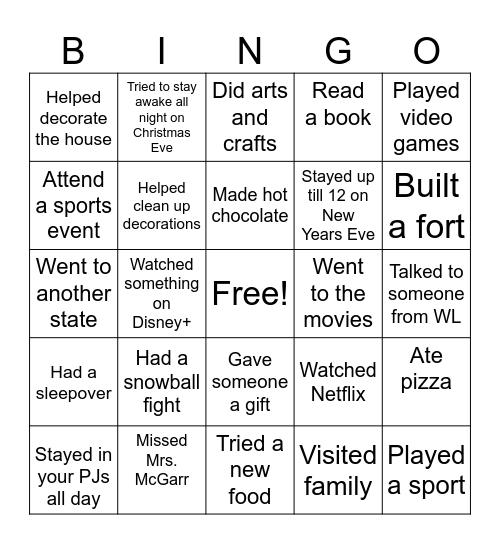 Back from Break BINGO Card