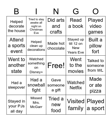 Back from Break BINGO Card