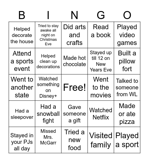 Back from Break BINGO Card